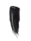 A bold black mascara swatch with glossy finish and textured streaks.